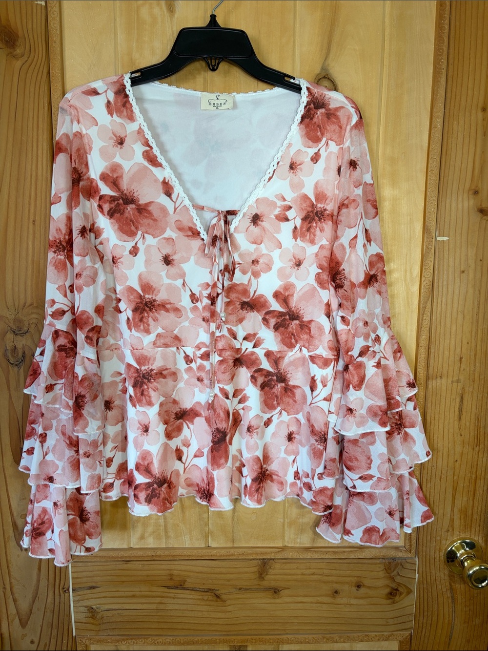 Ember Pale Red Women's Floral Tie-Front Blouse